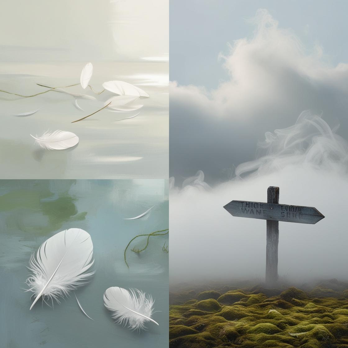 stimmungsvolle Bilder mit Naturmotiven (z. B. Federn, Wolken, Lichtspiegelungen) oder minimalistische Darstellungen wie ein Wegweiser im Nebel
